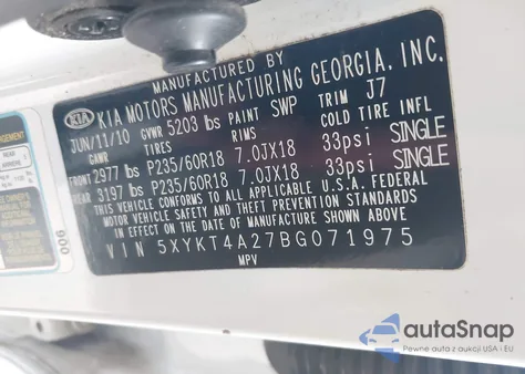 2011 Kia Sorento Lx V6 из США, поврежденный, VIN 5XYKT4A27BG071975